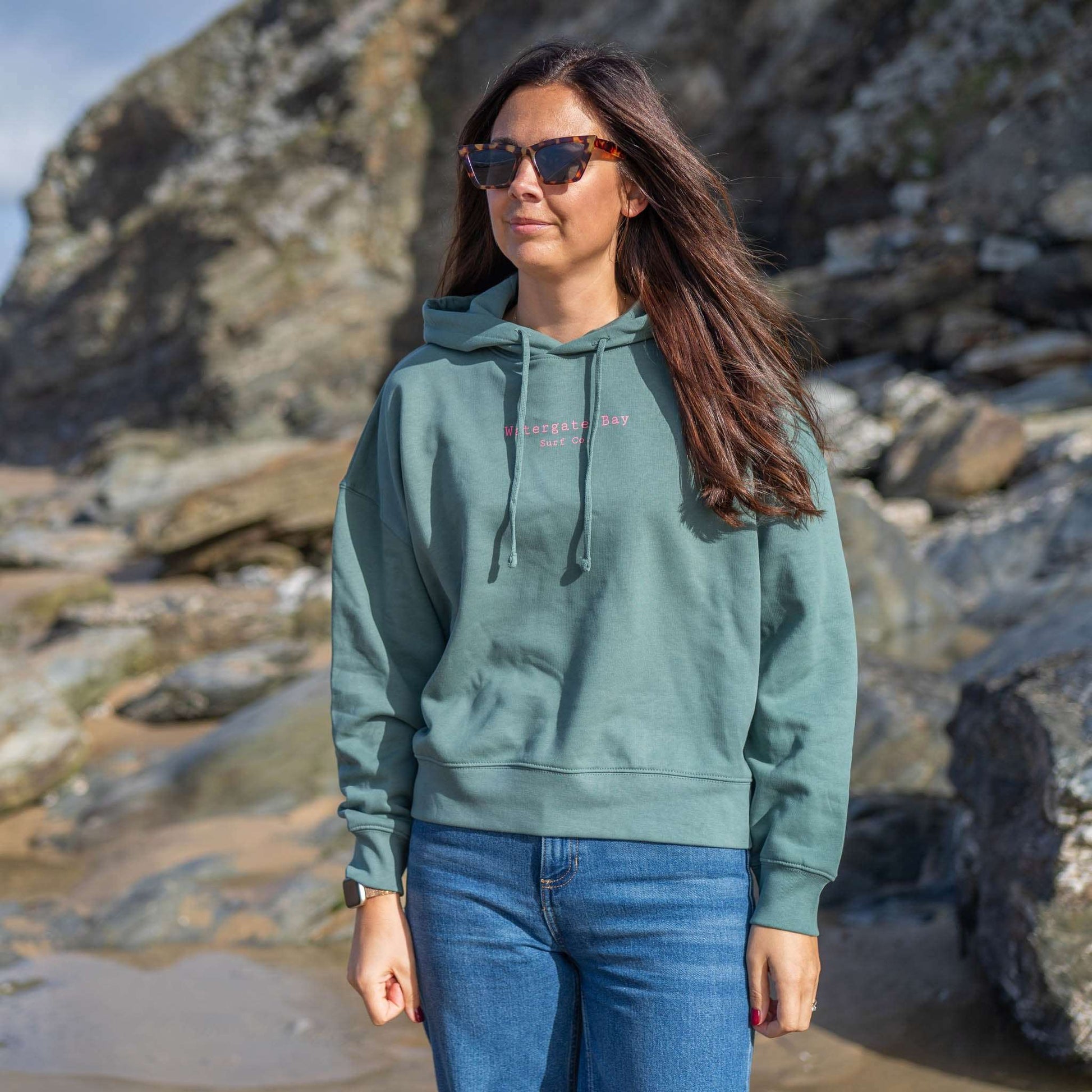 TEXT | WOMENS CROPPED HOODIE - GREENBAY -  - Watergate Bay Surf Company.
