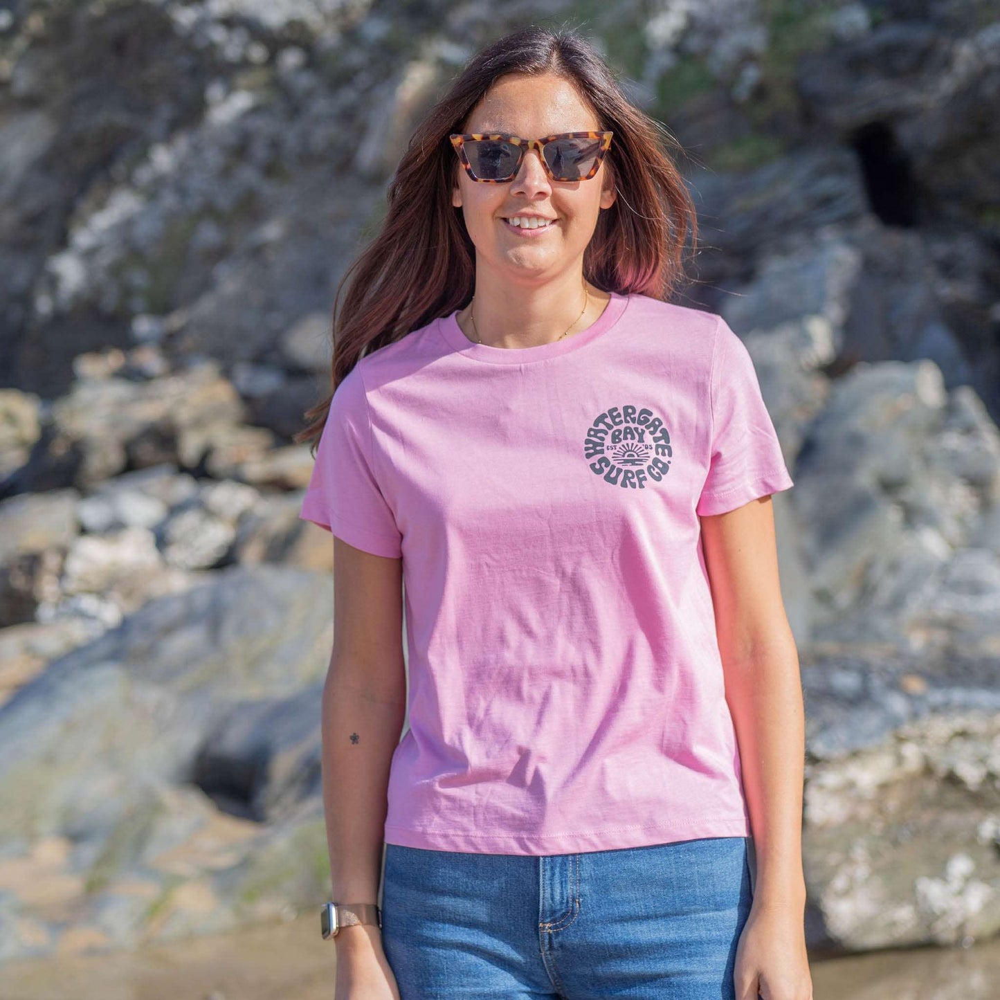 RETRO | LADIES T-SHIRT - BUBBLE PINK -  - Watergate Bay Surf Company.