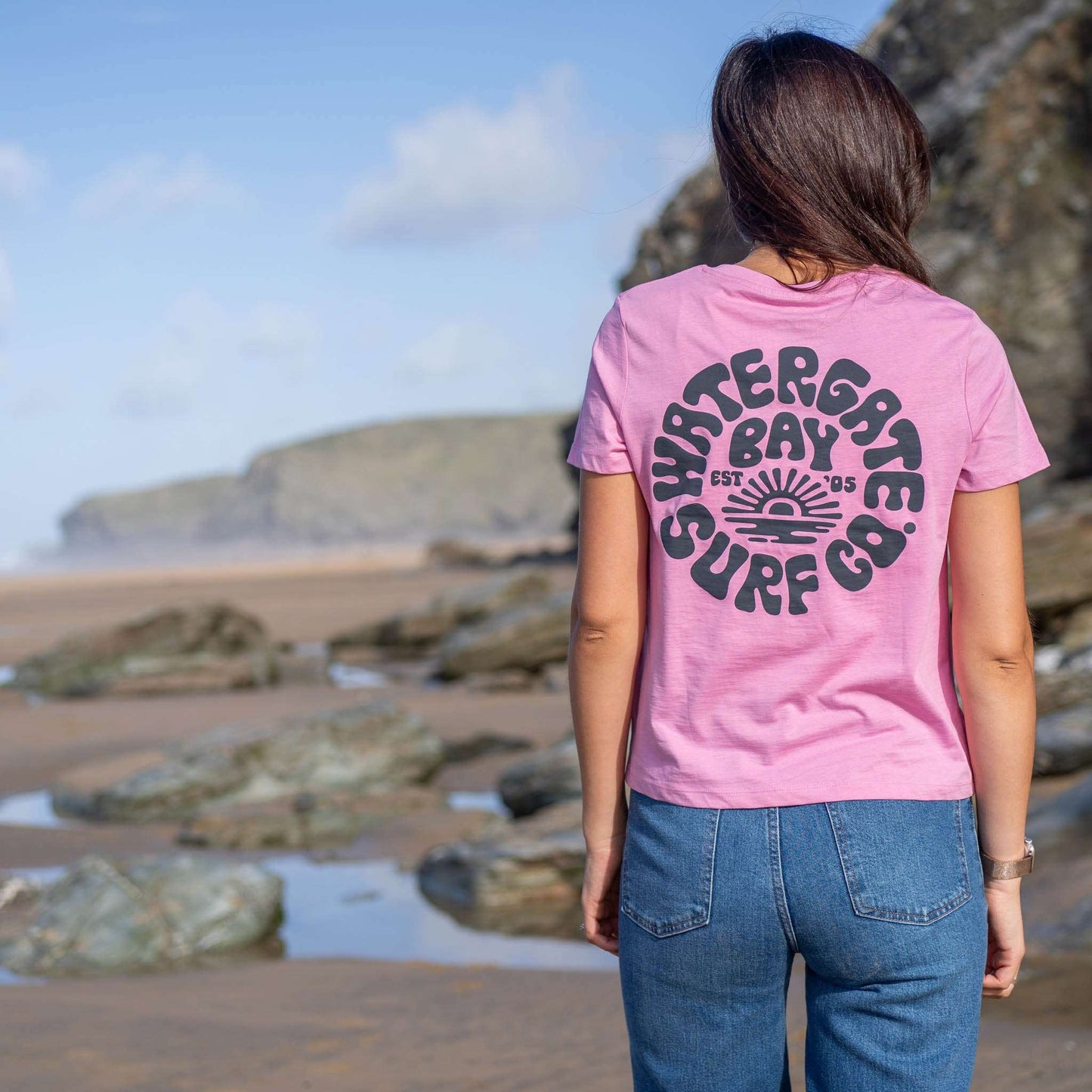RETRO | LADIES T-SHIRT - BUBBLE PINK - - Watergate Bay Surf Company.