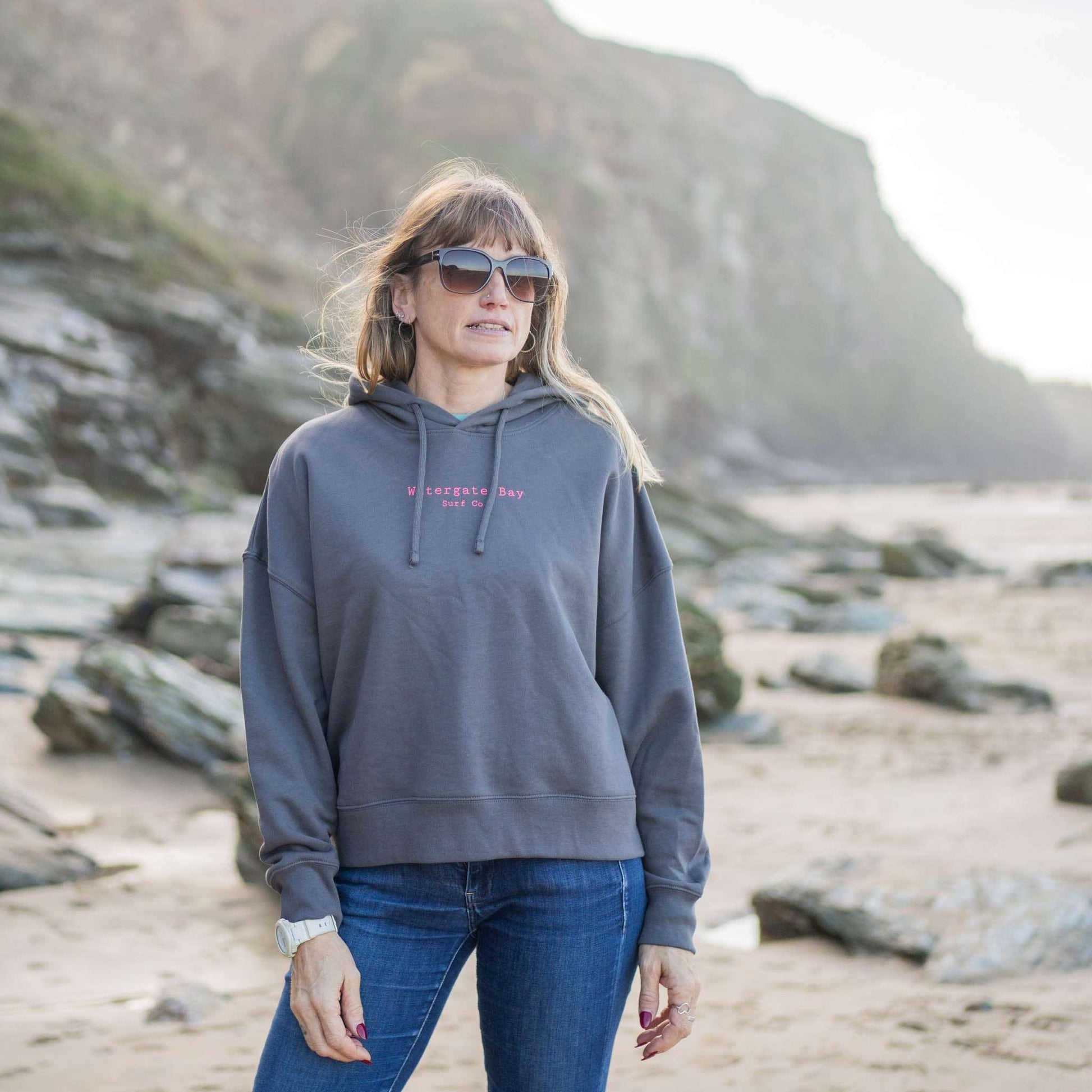 TEXT | WOMENS CROPPED HOODIE - ANTHRACITE -  - Watergate Bay Surf Company.