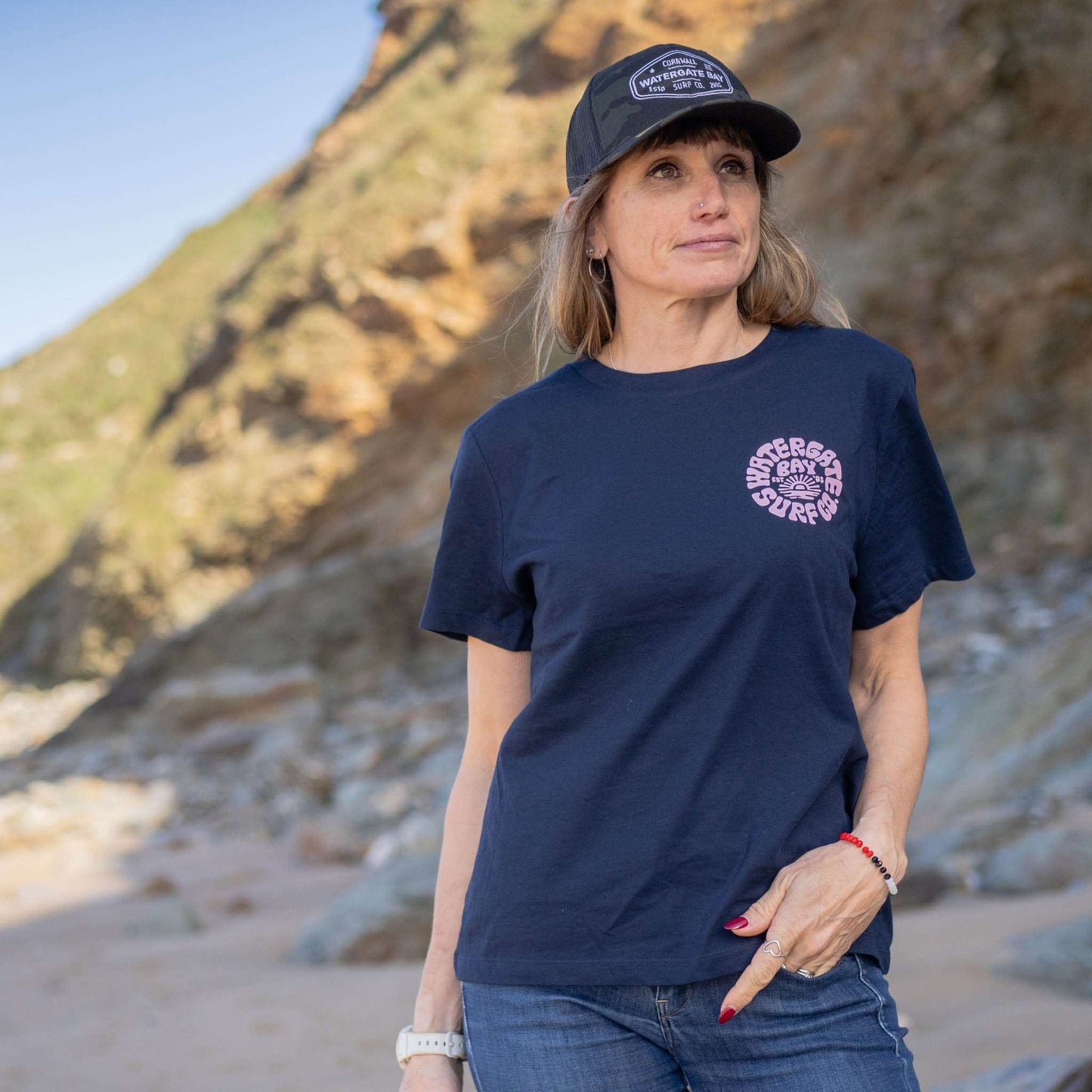 RETRO | LADIES T-SHIRT - NAVY - - Watergate Bay Surf Company.