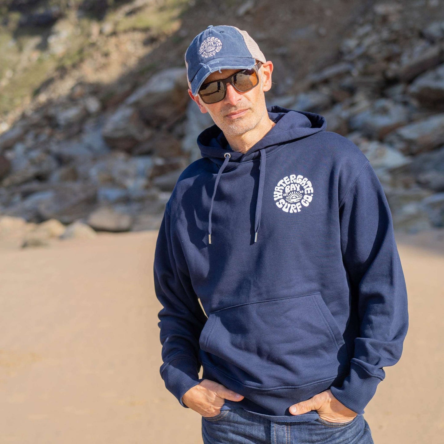 RETRO | HEAVY WEIGHT HOODIE - HEATHER NAVY - - Watergate Bay Surf Company.