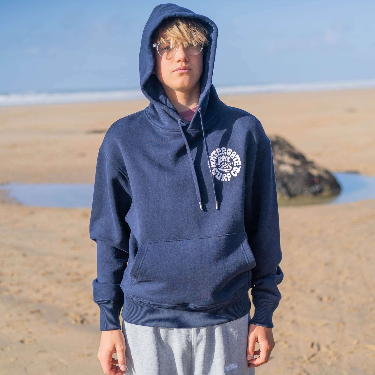 RETRO | HEAVY WEIGHT HOODIE - HEATHER NAVY - - Watergate Bay Surf Company.